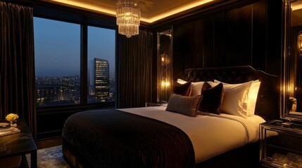 Velvet-upholstered bed with mirrored side tables and soft lighting in a glamorous bedroom, offering a luxurious and hotel-inspired feel