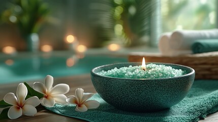 Spa relaxation teal candle, flowers, towels.  Peaceful background. Wellness imagery