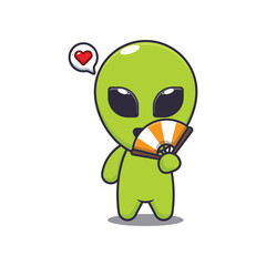 alien with hand fan. mascot cartoon character vector illustration.