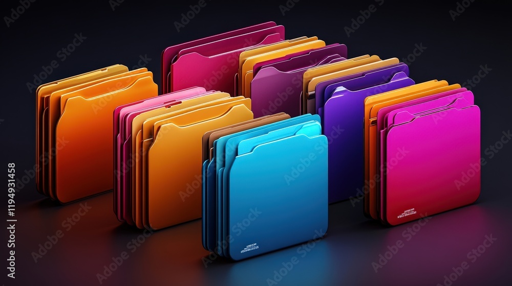 Poster colorful file folders arranged in a dynamic layout showcasing business technology concepts with a mo