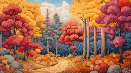 A vibrant autumn forest scene with a winding path and colorful foliage under a cloudy sky