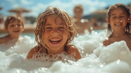 Happy children playing in a bathtub on the beach. Kids having fun in the water.