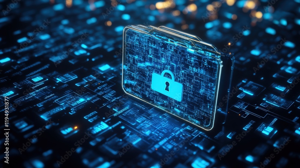Poster digital security concept with locked folder surrounded by technology-driven data and internet connec