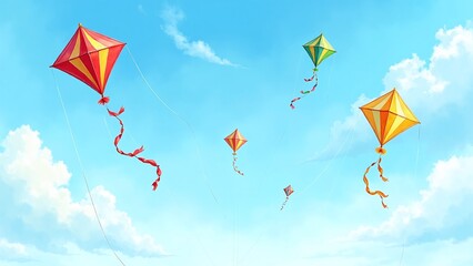 watercolor illustration of kites flying in the sky