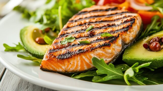 A close-up of a balanced ketogenic dinner, featuring grilled salmon, avocado