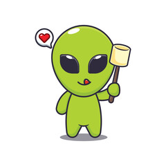 alien eating marshmallow. mascot cartoon character vector illustration.
