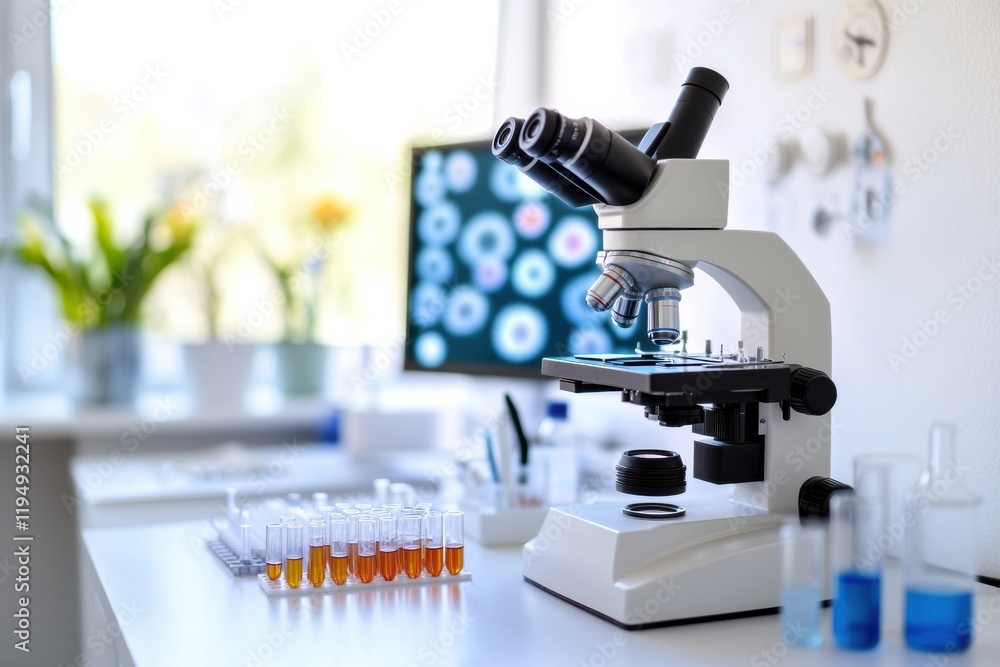 Fototapete laboratory workspace with microscope, test tubes, and screen displaying bacteria visuals during rese