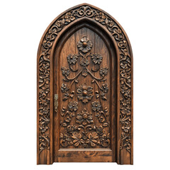 Ornate Wooden Door with Floral Carvings Isolated on transparent background