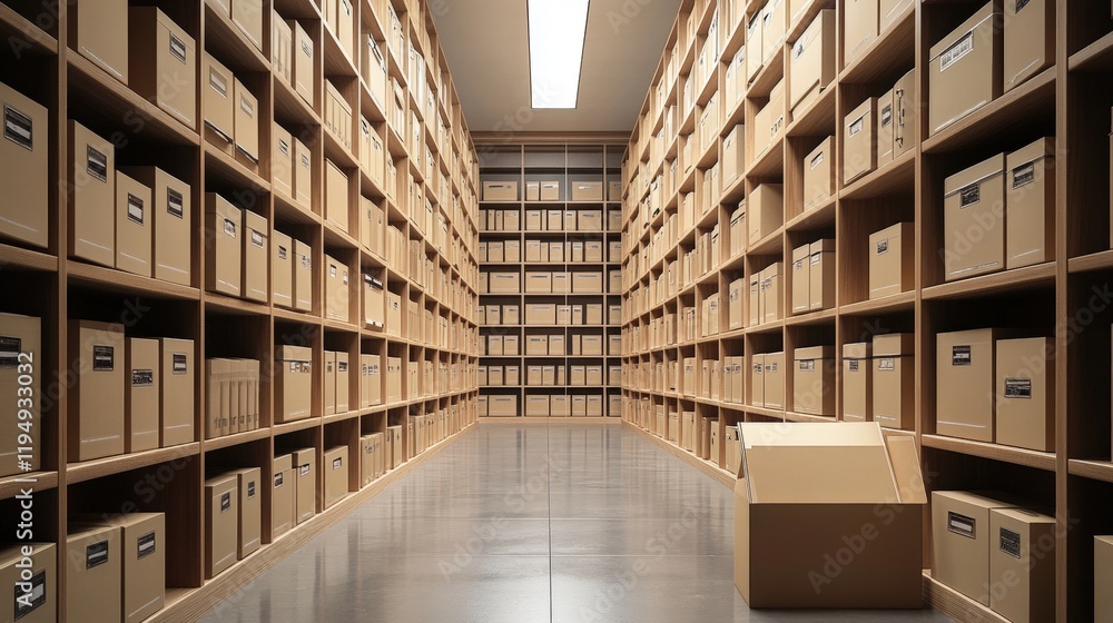 Poster organized archive room with box and shelving unit filled with cardboard storage files reflecting bus