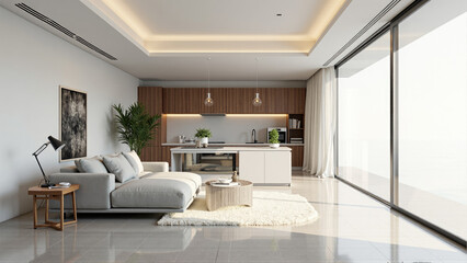Modern and minimalist living room design with open kitchen and large windows showcasing natural light
