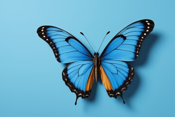 a close up of a blue butterfly on a blue background