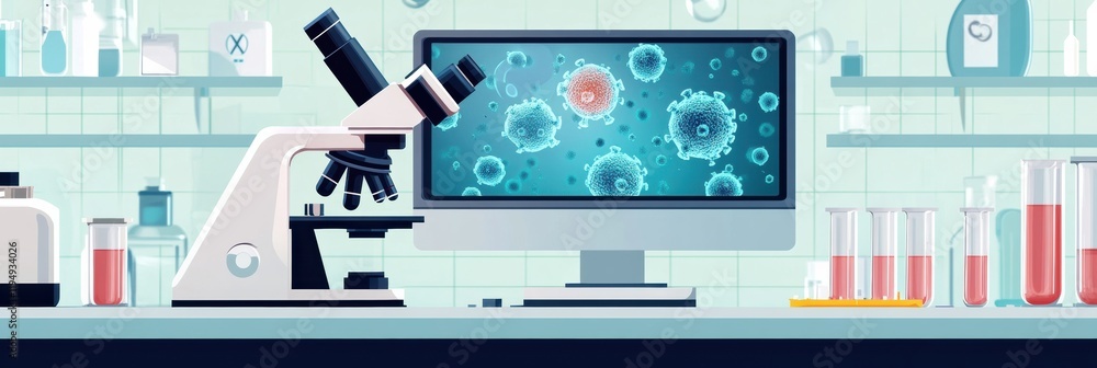 Poster Laboratory environment showcasing microscopes, test tubes, and digital bacteria visuals on computer monitor. Generative AI