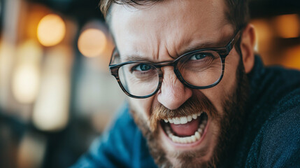 Energetic businessman with glasses showing intense emotion. Perfect for breakthrough moments and passionate leadership.