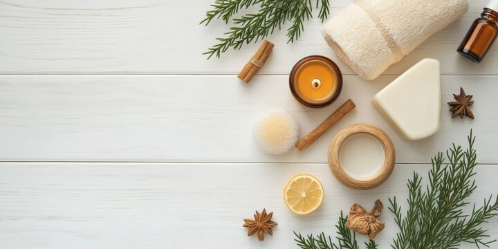 Therapeutic flat lay arrangement of aromatherapy spa essentials on a white wooden background featuring yellow candle, natural ingredients, and greenery elements
