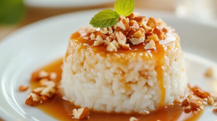 Close-up of a rice dessert with a caramel sauce and nuts. Featuring a sweet and rich flavor combination. Emphasizing a decadent and indulgent treat. Ideal for dessert recipes and sweet content.