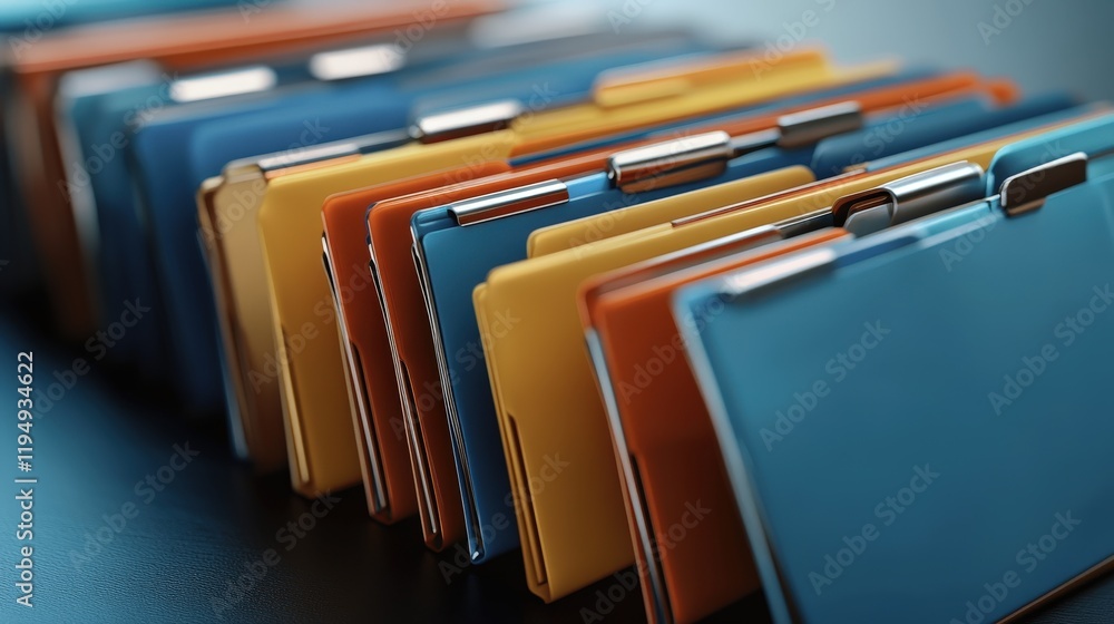 Poster colorful file folders stacked neatly on a desk representing business organization and technology in 