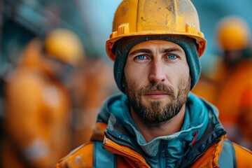 Construction worker in safety gear stands confidently at a busy work site with colleagues in the background during daytime hours