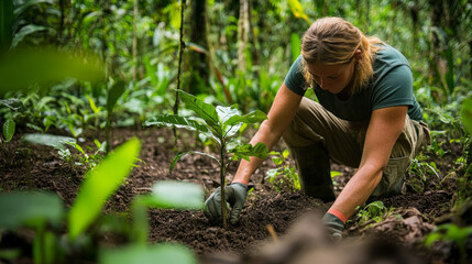 Fototapeta premium Planting a young tree in a vibrant forest during a sunny day to promote reforestation and biodiversity