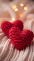 Two red knitted hearts on background of light knitted fabrics. Valentine's day concept.