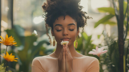 Woman holding a flower and praying in gratitude surrounded by vibrant plants in lush greenery