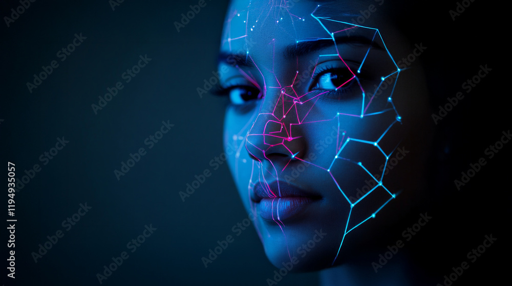 Poster utilizing facial recognition software to analyze facial features and patterns in a dark setting