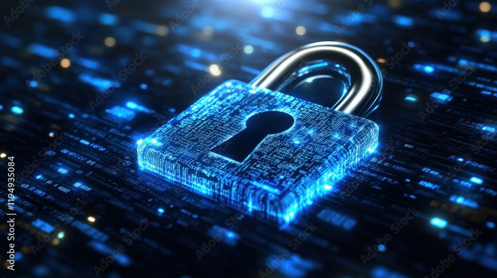 Poster digital lock symbolizing security in technology and internet business with blue light background and