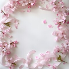 Fototapeta premium Spring Cherry Blossom Celebration Outdoor Garden Floral Arrangement Natural Setting Aerial Pastel Ribbons and Petals