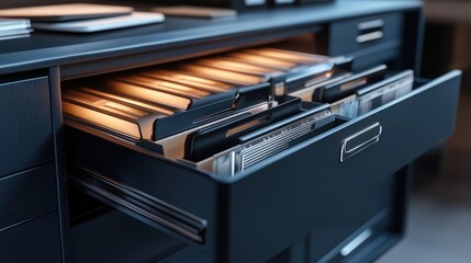 Illuminated Office Drawer Filled with Digital Files and Folders, Representing Business Management and Technology Organization in a Modern Workspace