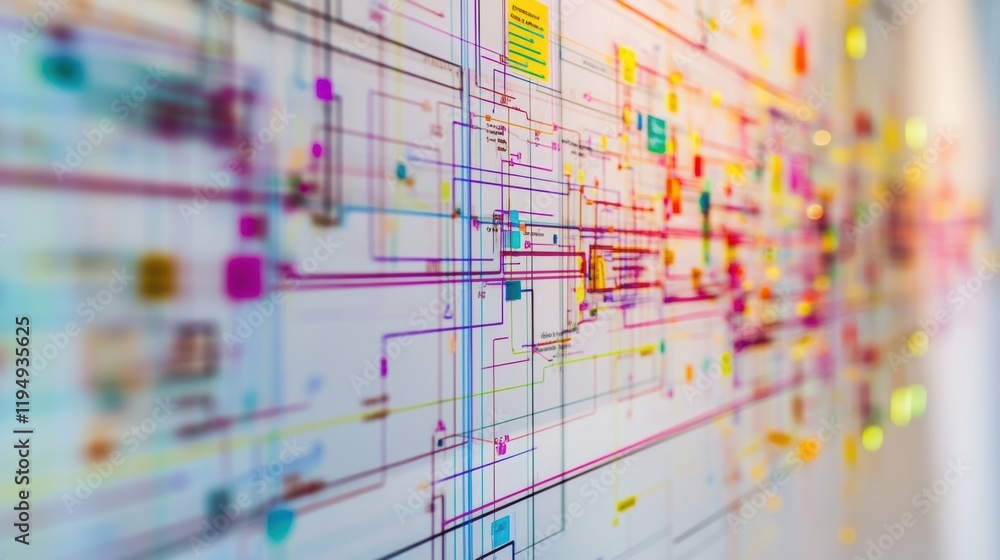 Poster a closeup of a physical network diagram on a whiteboard filled with colorcoded connections and notes