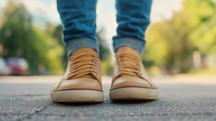Close-up of beige sneakers on urban pavement. Represents youth culture and street fashion trends.