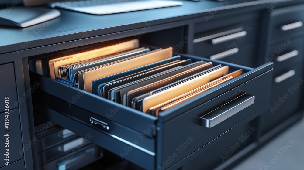Poster modern office workspace with open drawer showing organized files and folders in a business setting f