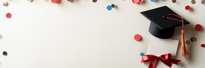 Modern graduation cap and diploma displayed with colorful confetti during a celebratory event marking academic achievements and milestones, perfect for commemorating graduates