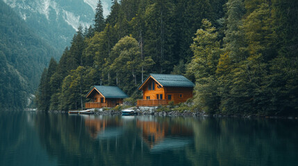 Fishing cabins provide a peaceful retreat by the tranquil lake surrounded by lush forests and majestic mountains