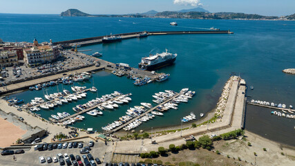 Aerial view of the marina located in Pozzuoli, near Naples, Italy.In background are the Tyrrhenian...