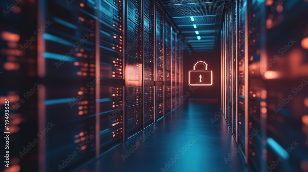 Poster high-tech server room with neon lock icon representing cybersecurity in business technology environm