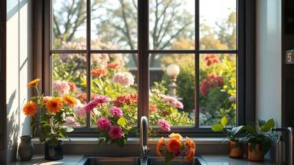 Obraz premium Garden View Kitchen Window - Bright, Colorful AI Photo