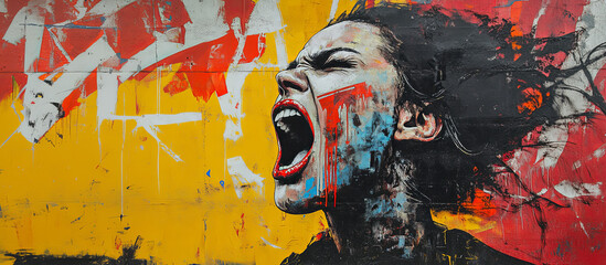 A woman with a mouth open and red paint on her face