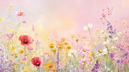 a field of wildflowers, daisies, poppies, and buttercups, set against a pastel sky of light pink, mauve, and soft yellow. The flowers are intricately detailed with soft pastel shadows.