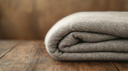 Neatly folded gray blanket resting on a rustic wooden table, creating a cozy and inviting atmosphere for warm gatherings or quiet moments of relaxation