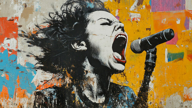 A woman with a microphone is singing into it