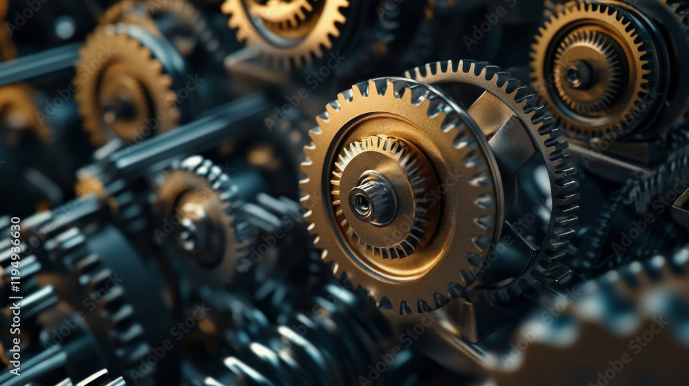 Poster intricate arrangement of metallic gears showcasing industrial design and engineering precision in a 