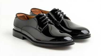 Polished black dress shoes displayed prominently on a plain background, highlighting elegant craftsmanship and design suitable for formal occasions