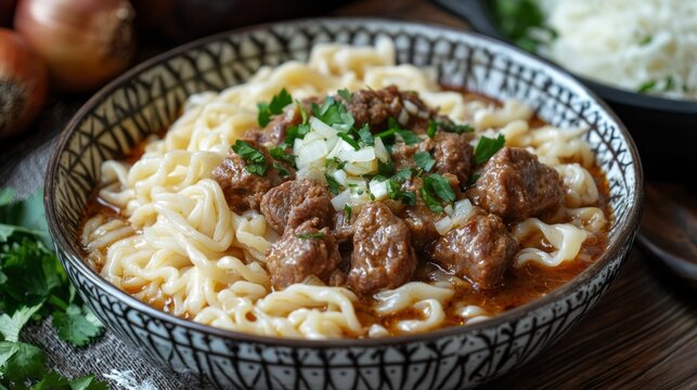 A generous serving of traditional hand-rolled Kazakh beshbarmak sits in a beautifully patterned bowl, garnished with aromatic herbs and diced onions. The dish exudes warmth and comfort