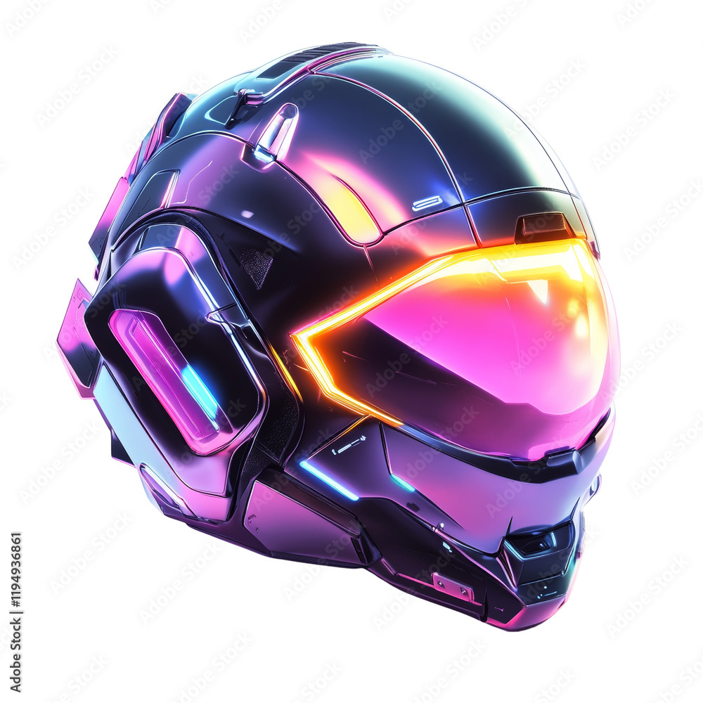 Poster a futuristic helmet design with vibrant neon lighting accents is shown in a 3d rendering.