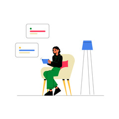 Woman Using Tablet In Flat Vector Illustration Symbolizing Technology, Digital Interaction, And Relaxation, Isolated On White Background.