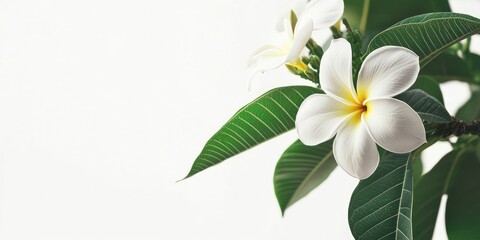Fototapeta premium White Plumeria flower with yellow center positioned on green leaves, back view against a soft white backdrop creating a serene and elegant atmosphere.