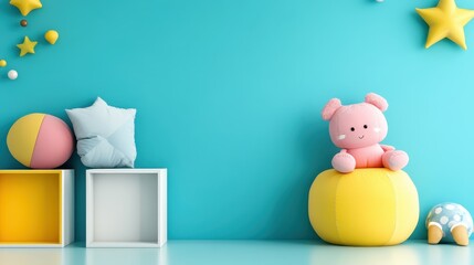 Obraz premium Cute pastel nursery decor with plush toys and colorful cushions