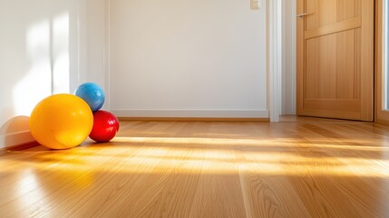 Bright and Cheerful Room with Colorful Balls on Wooden Floor