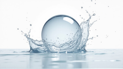 Water droplet creates splash as it hits surface, forming a perfect sphere in calm water setting