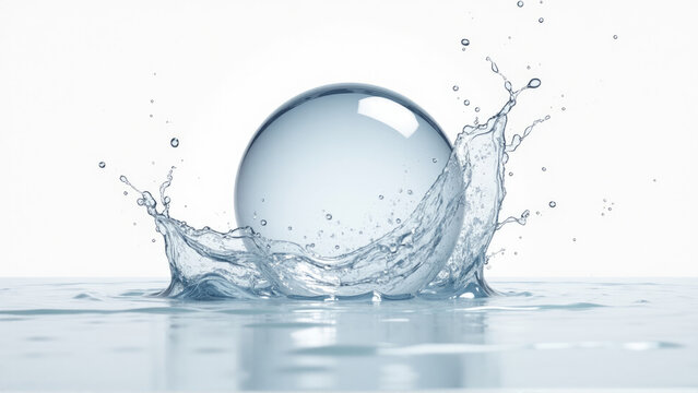 Water droplet creates splash as it hits surface, forming a perfect sphere in calm water setting